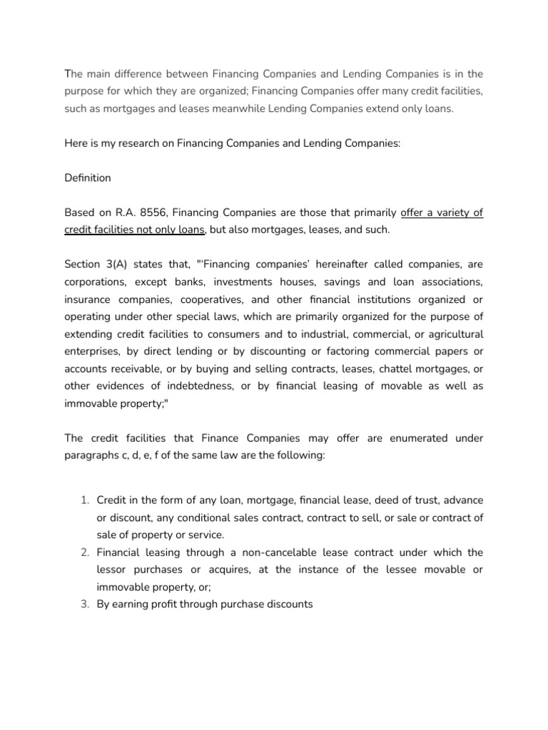 Differences Between Lending and Financing Companies | PDF | Lease | Loans