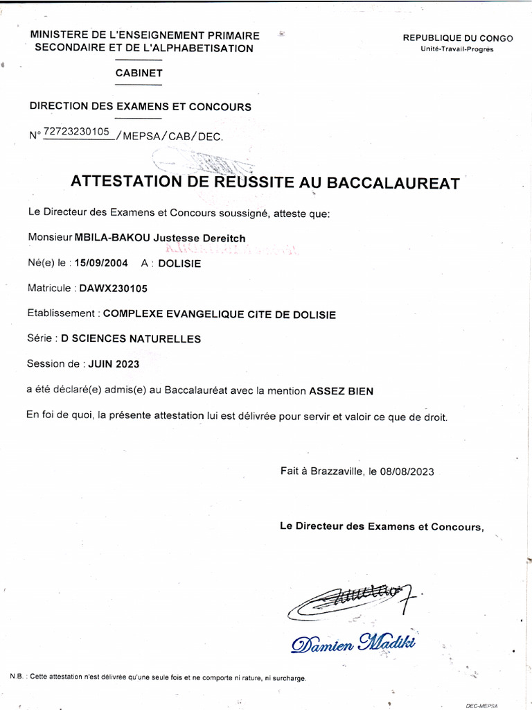 attestation BAC | PDF