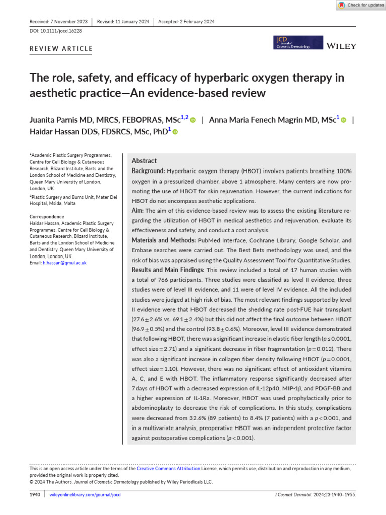 The Role, safety, and efficacy of hyperbaric oxygen therapy in ...