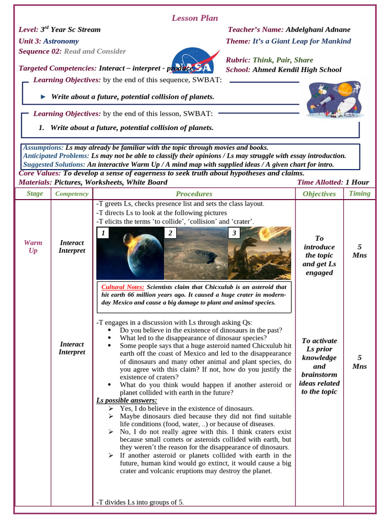Think Pair Share Lesson Plan | PDF | Earth | Planets
