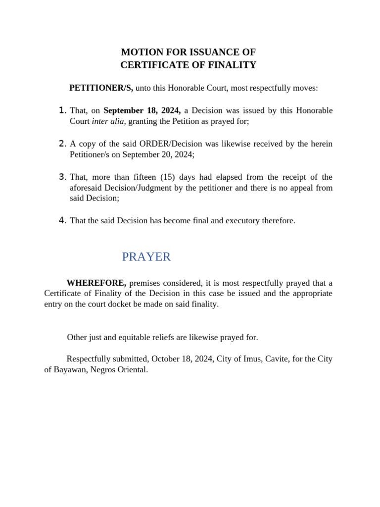 Motion for Certificate of Finality | PDF