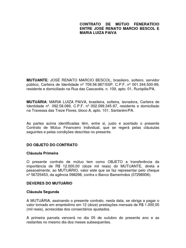 Modelo De Contrato De Mutuo Financeiro Vários Modelos