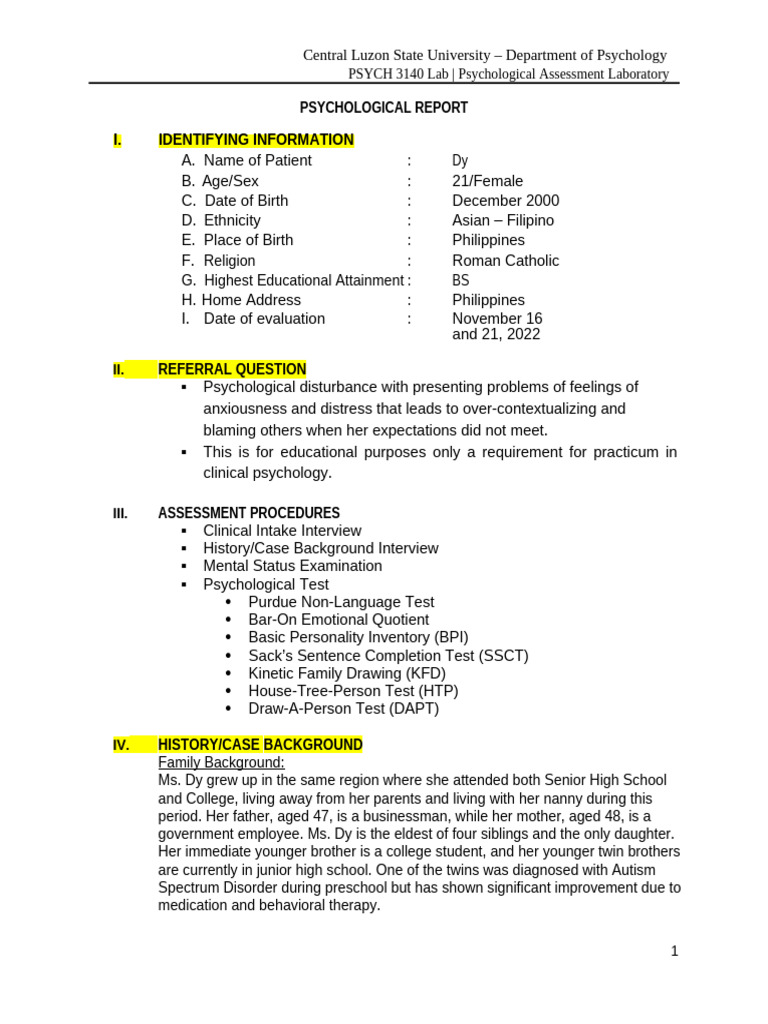 Psychological Assessment Report for Dy | PDF | Psychology | Behavioural ...