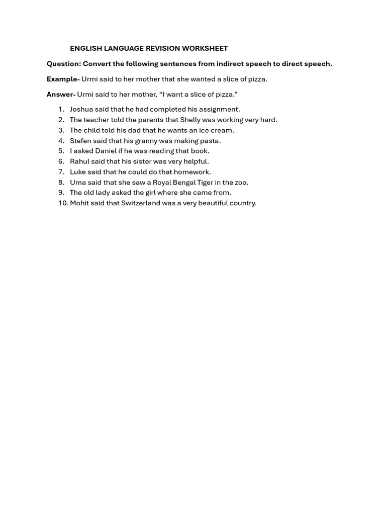 English Language Revision Worksheet Question: Convert The Following ...