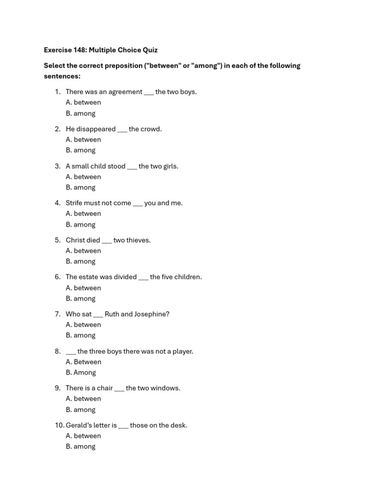 Preposition Quiz: Between vs. Among | PDF