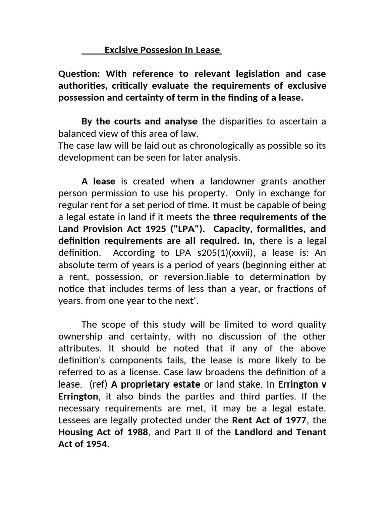 Exclusive Possession in Lease Law | PDF | Leasehold Estate | Lease