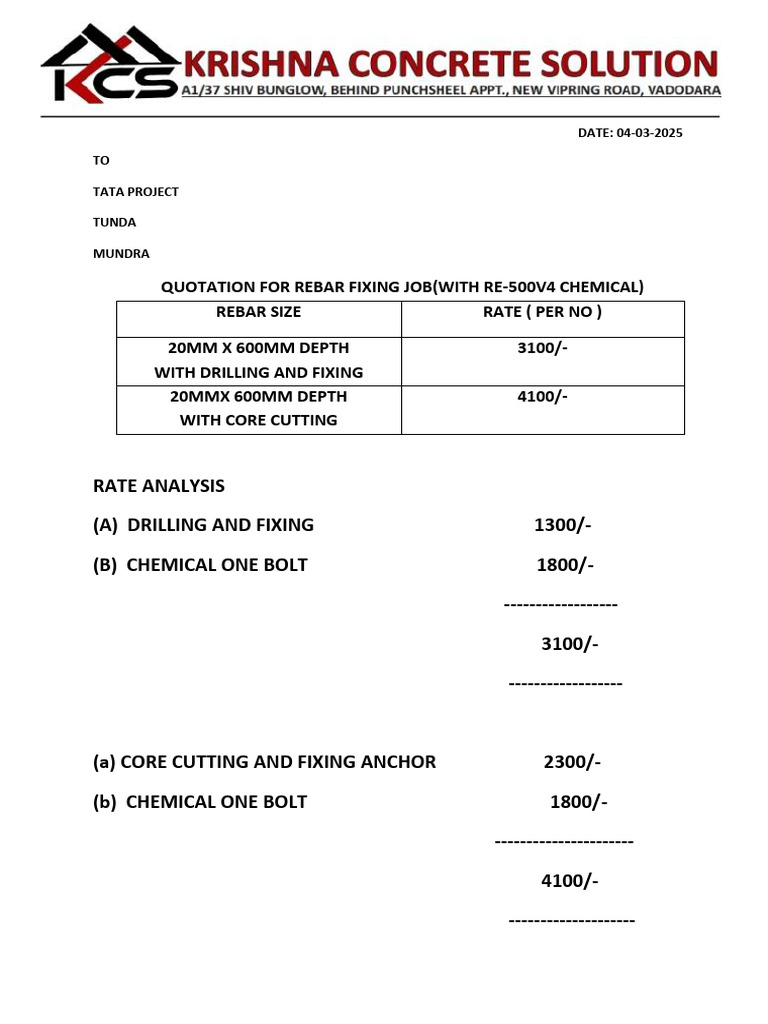 Quotation for Rebar Fixing Job | PDF