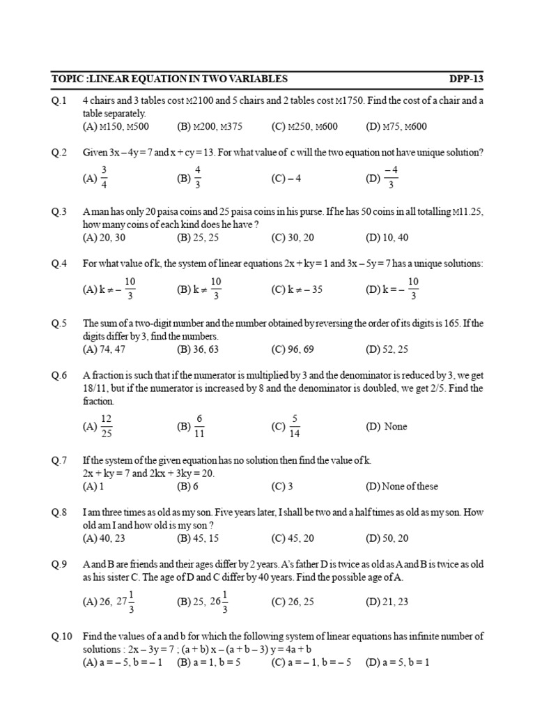 DPP Linear Equation in Two Variable DPP 13 14 | PDF | Arithmetic ...