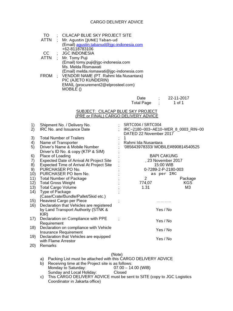 Cargo Delivery Advice - JGC 156 - MER 8 0003 RIN | PDF | Cargo ...