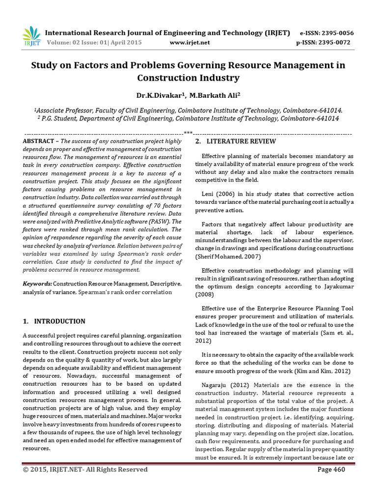 Resource Management in Construction Industry | PDF | Statistical ...