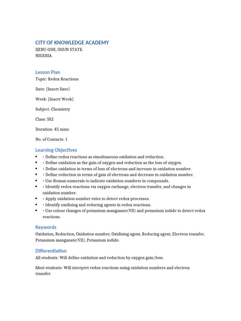 Redox Reactions Lesson Plan for SS2 | PDF | Redox | Chemical Reactions
