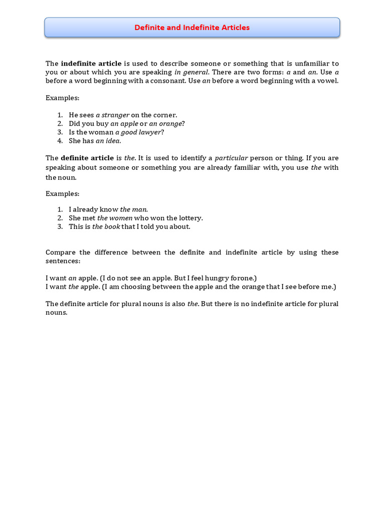 Understanding Definite and Indefinite Articles | PDF