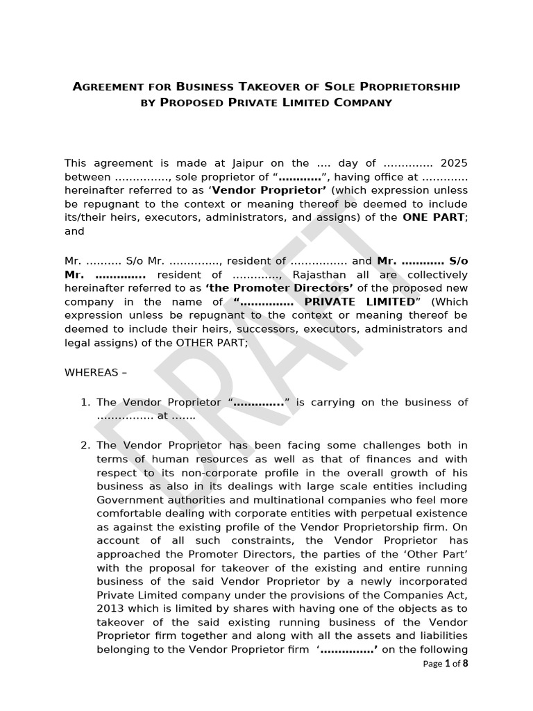 Business Takeover Agreement Template | PDF | Taxes | Sole Proprietorship