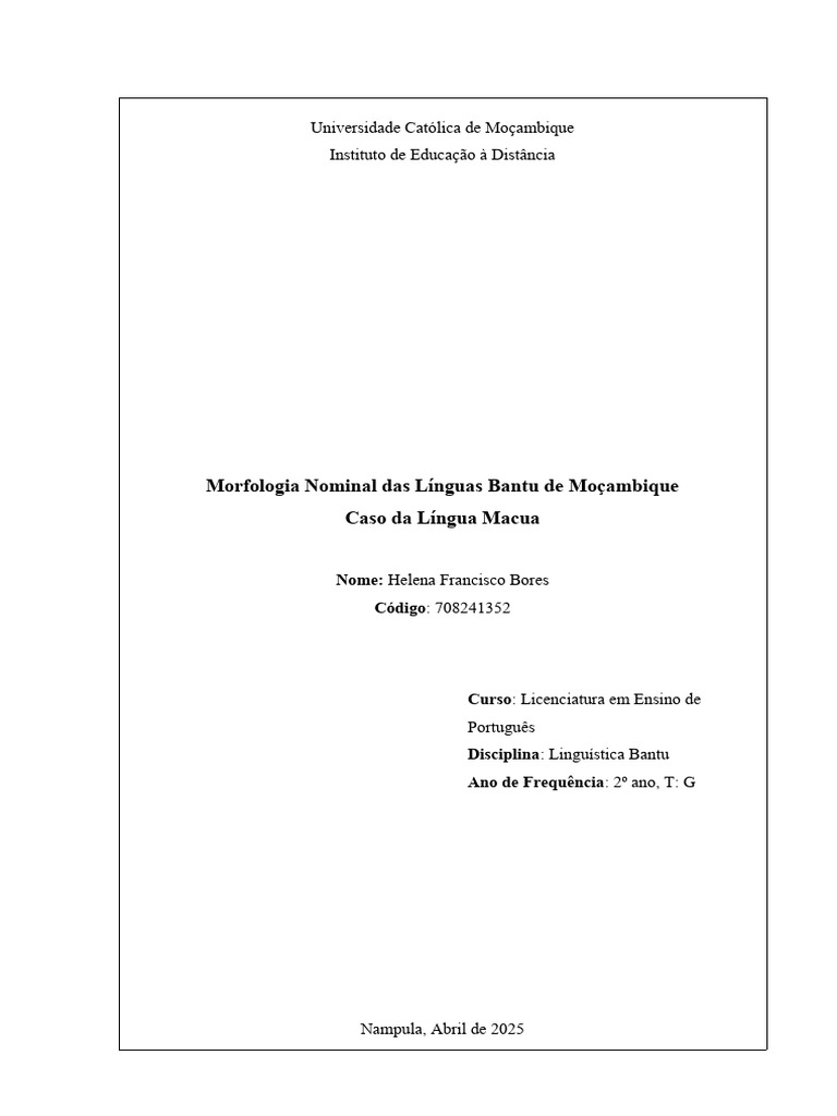 Morfologia Nominal Das Línguas Bantu de Moçambique (Caso Da Língua ...