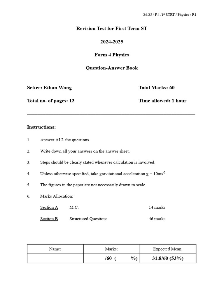 Form 4 Physics Revision Test 2024-2025 | PDF | Force | Heat