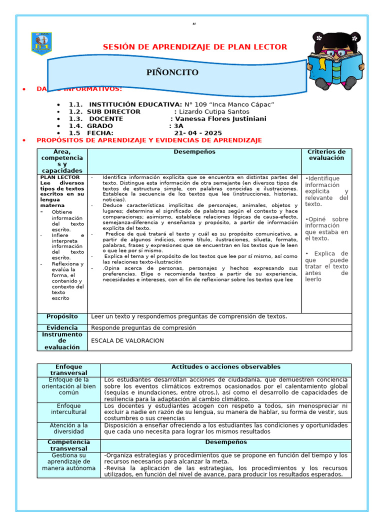 Sesión de Aprendizaje: Plan Lector 3A | PDF | Aprendizaje | Evaluación