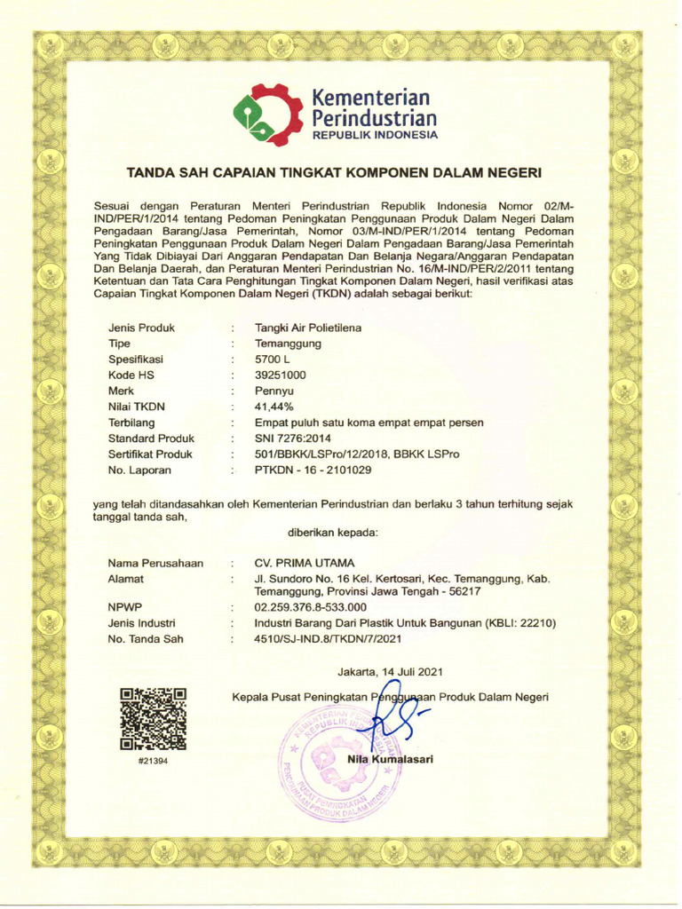 CV Prima Utama 2101029 Temanggung 5700l | PDF