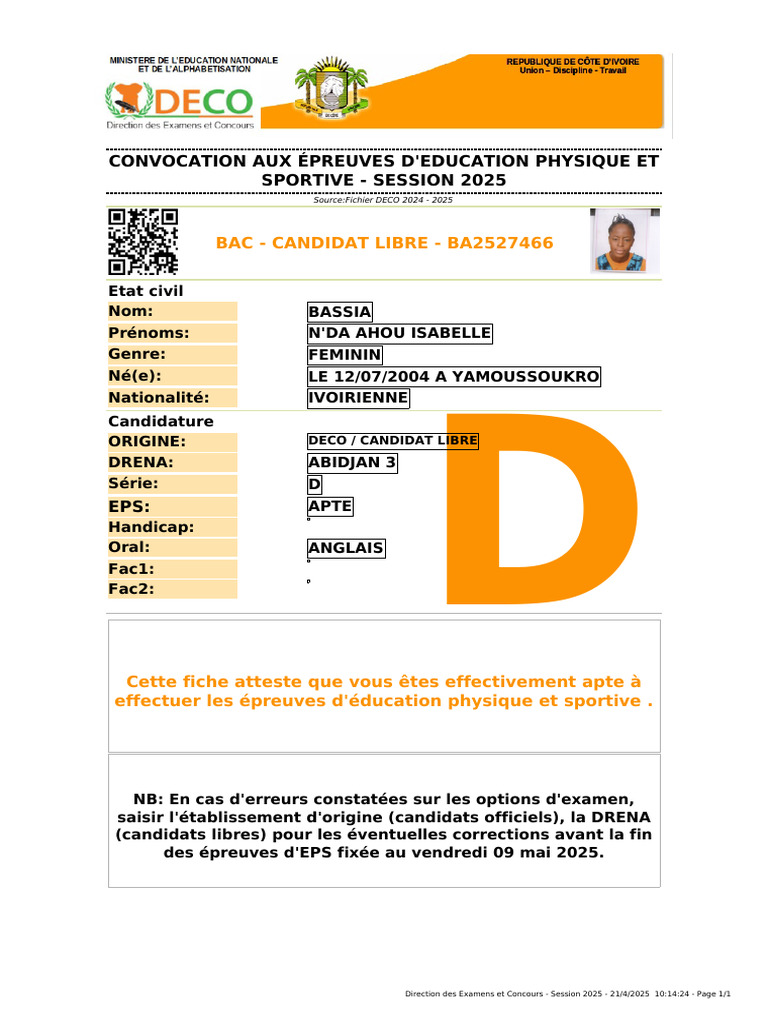 Convocation Bac 2025 Candidat Libre | PDF
