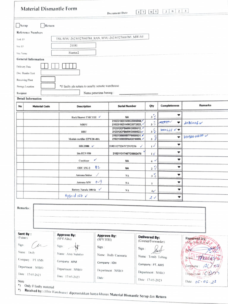 Material Dismantle Scrap Return Form | PDF | Logistics | Inventory