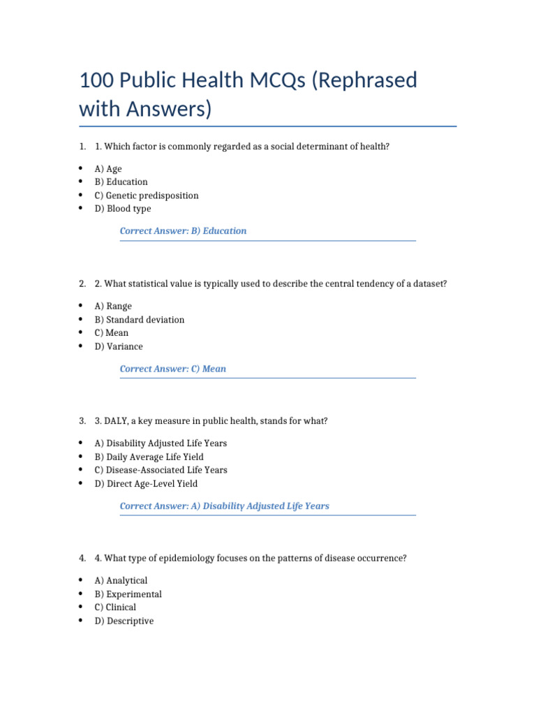 100 Public Health MCQs with Answers | PDF