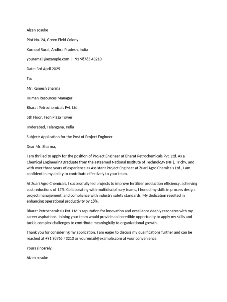 Project Engineer Application Letter | PDF