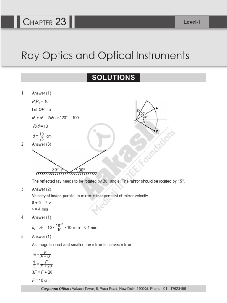 Ray Optics Assignment Solutions | PDF | Optics | Mirror