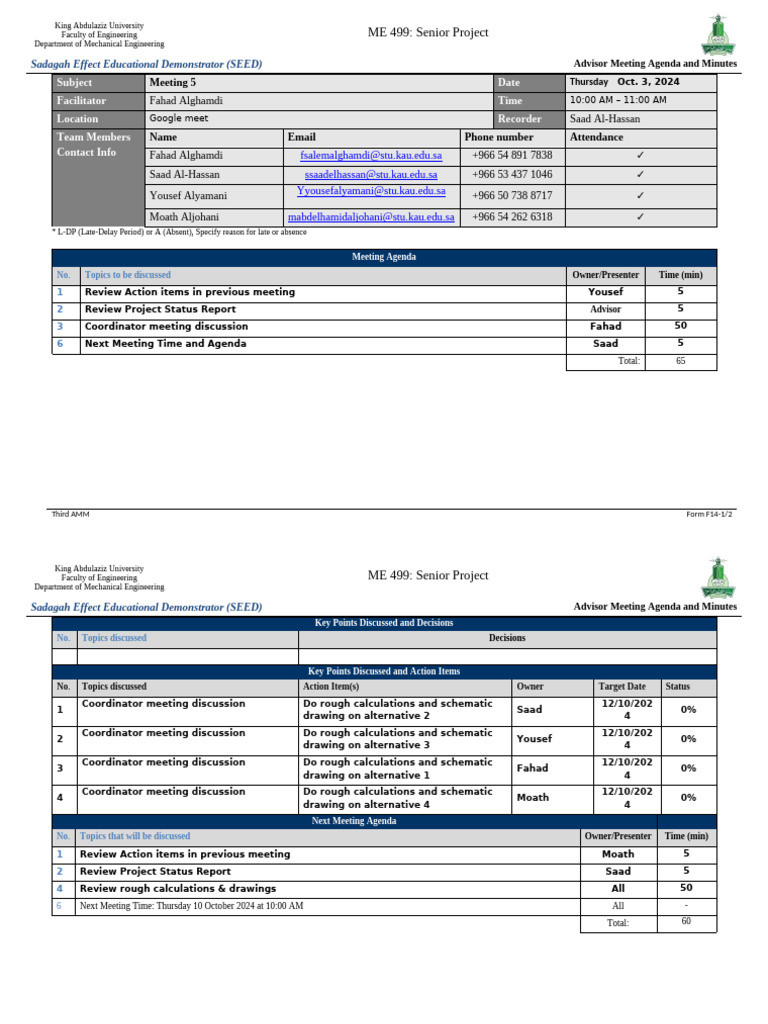 ME 499 Project Meeting Agenda | PDF