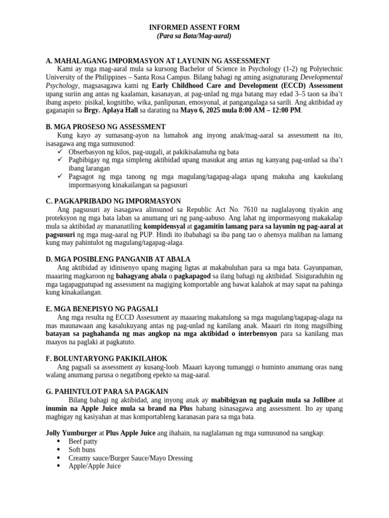 Informed Assent Form Aplaya | PDF