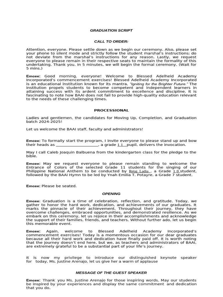 Blessed Adelheid Academy Graduation Script | PDF