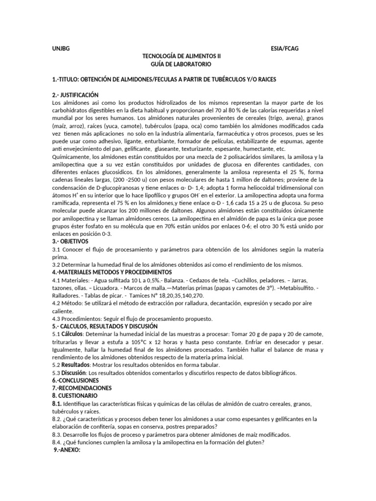 Guía 1-Almidones Obtención | PDF | Almidón | Carbohidratos