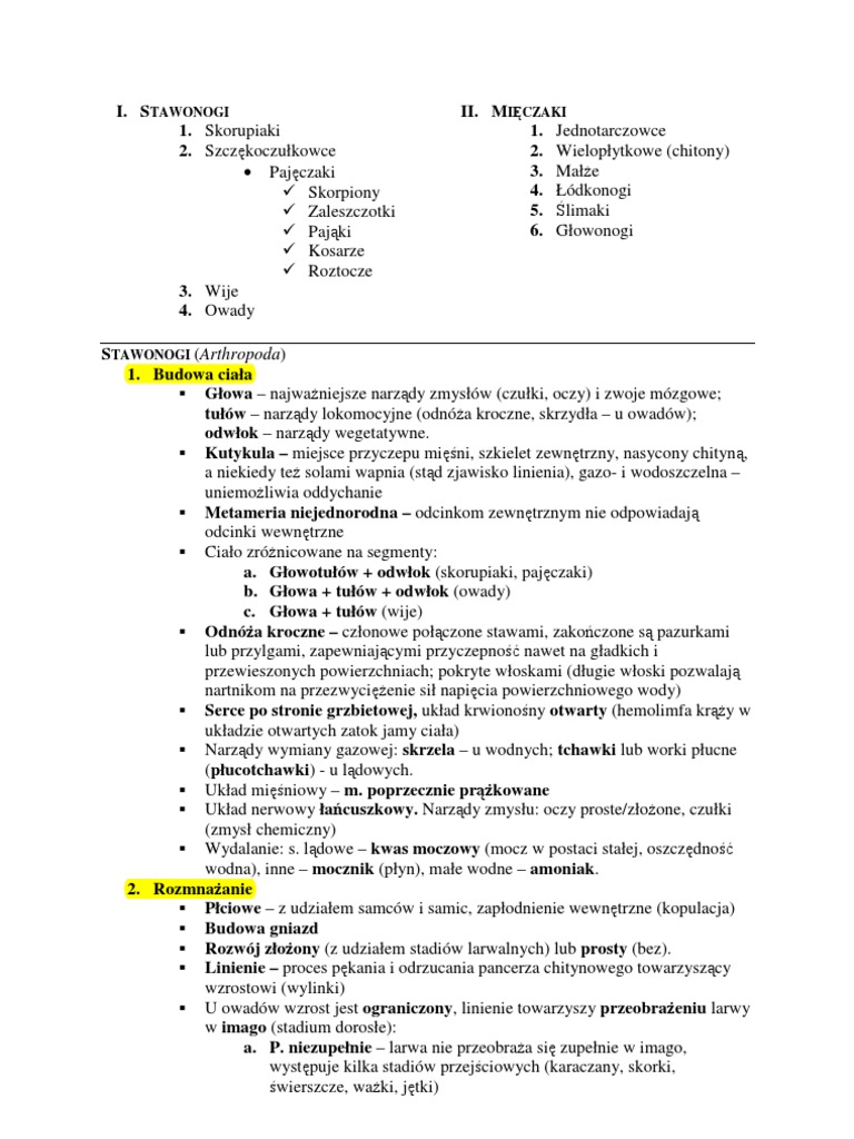 Sprawdzian Biologia Stawonogi I Mieczaki
