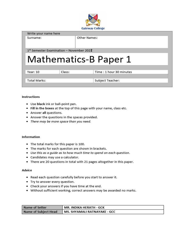 Grade 10 Mathematics Exam Paper 1 | PDF | Algebra | Elementary Mathematics