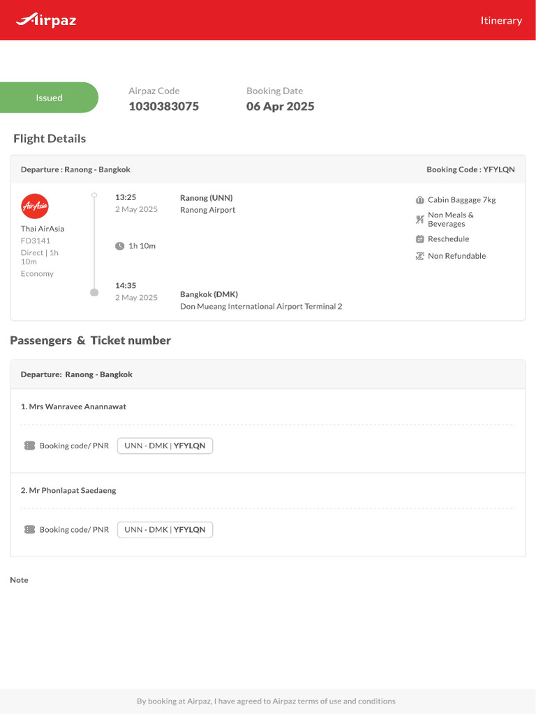 Airpaz Flight Itinerary 1030383075 en | PDF