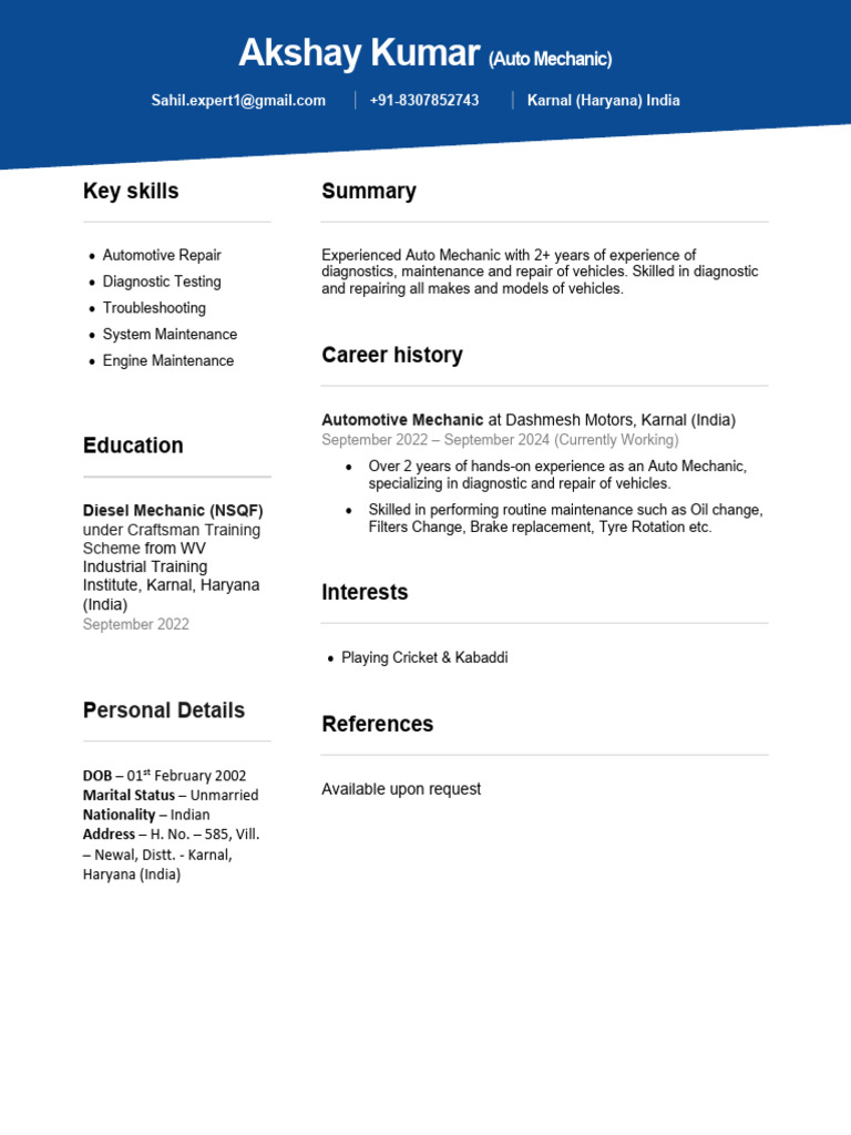 Auto Mechanic - Akshay Kumar (India) | PDF