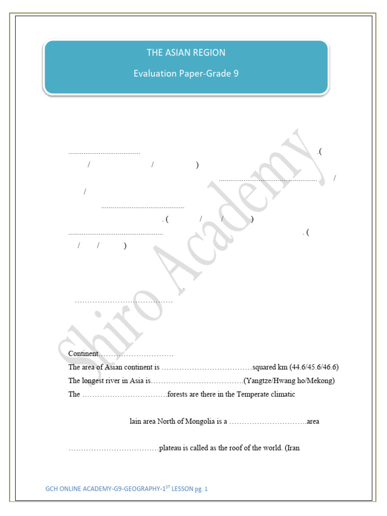 Grade 9 Geography: Asia Overview Quiz | PDF | Plateau | Asia