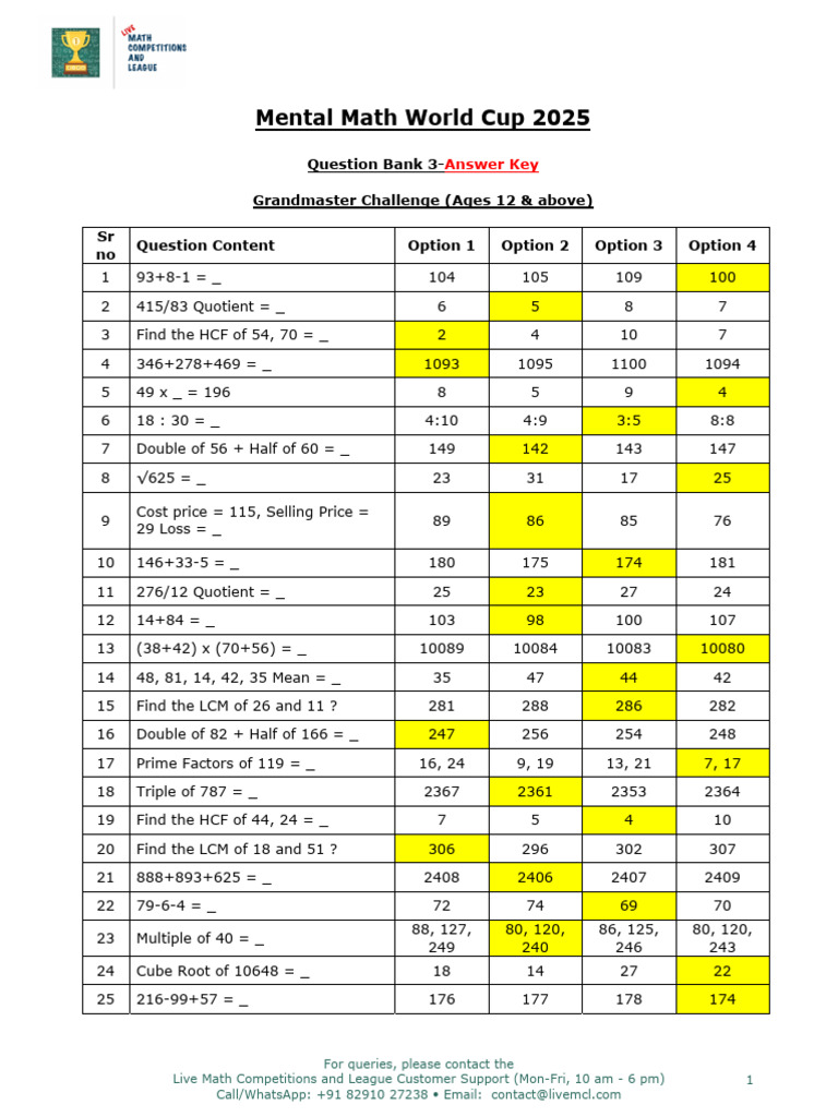6-GrandMaster Question Bank 3-Answer Key MMWC 2025 | PDF | Mathematics ...