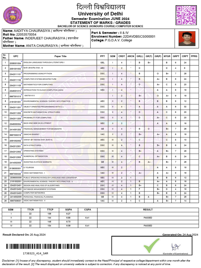 Delhi University B.Sc. Computer Science Results | PDF | Computing ...