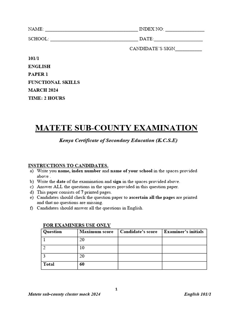 KCSE 2024 English Paper 1 Mock Exam | PDF