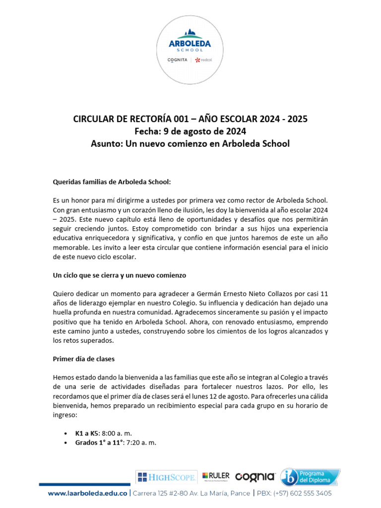 CIRCULAR+DE+RECTOR%C3%8DA+001+%E2%80%93+A%C3%91O+ESCOLAR+2024+-+2025 | PDF