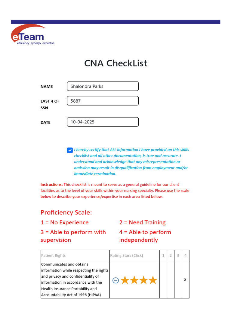 CNA Skills Proficiency Checklist | PDF | Medical Specialties | Clinical ...