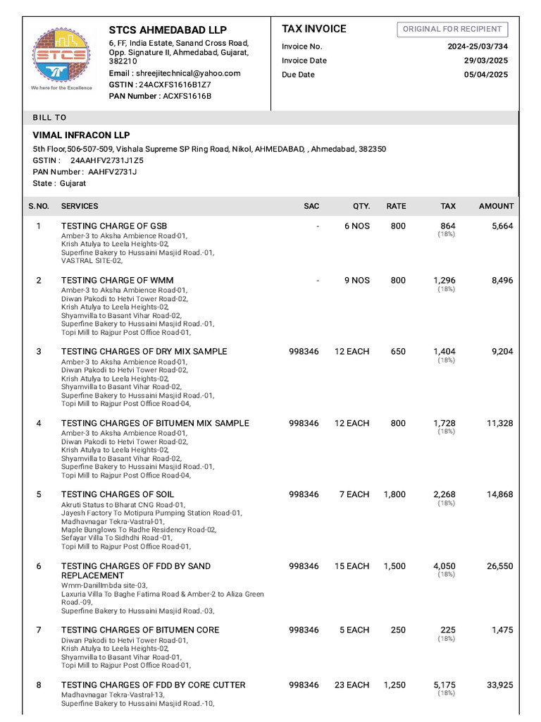 Invoice for Vimal Infracon LLP Services | PDF | Payments