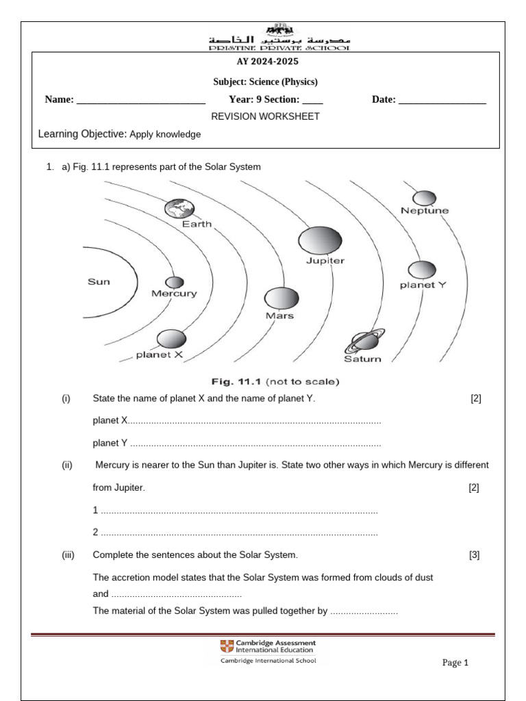 Y9_REVISION WORKSHEET_Astronomy 1 | PDF | Solar System | Planets