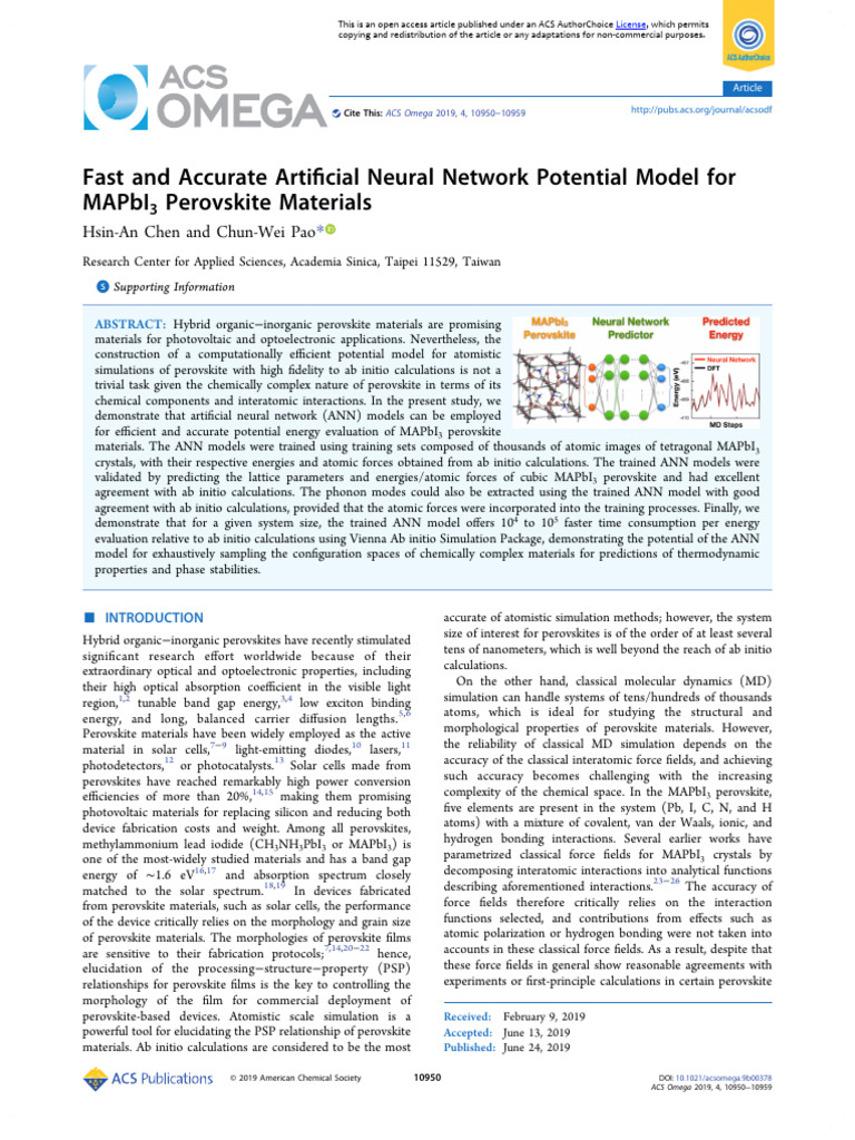 Chen Pao 2019 Fast and Accurate Artificial Neural Network Potential ...