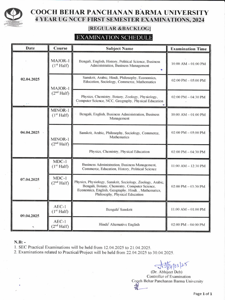 4year UG NCCF 1st Semester Examinations, 2024 Schedule | PDF | Liberal ...