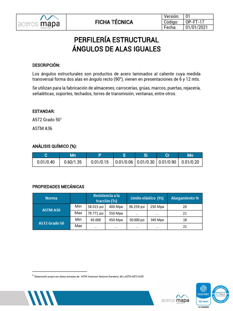 Ficha Técnica de Ángulos Estructurales | PDF | Acero | Metales de ...