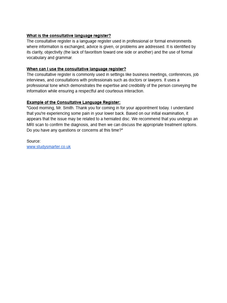 Examples of Consultative Register Usage | PDF