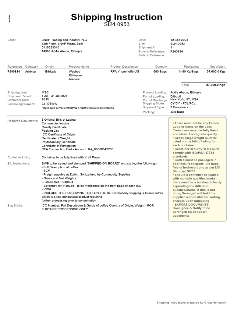 Shipping Instructions for Coffee Export | PDF | Cargo | Freight Transport