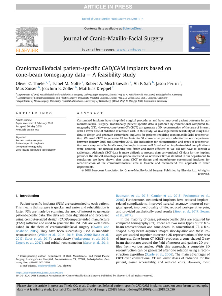 Craniomaxillofacial Patient-Specific CADCAM Implants Based On Cone-Beam ...
