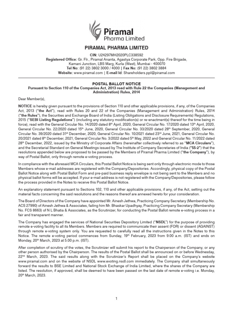 Piramal Pharma Postal Ballot Notice R7 | PDF | Login | Electronic Voting