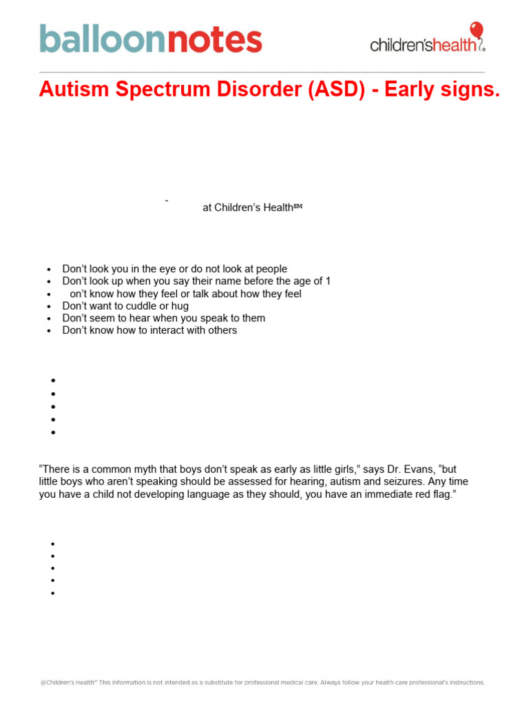 Autism Spectrum Disorder (ASD) Early Signs (English) | PDF | Autism ...